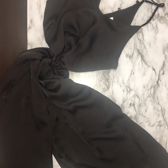 Black Wide Leg Midi Length Strappy Satin Romper - Picture 2 of 4